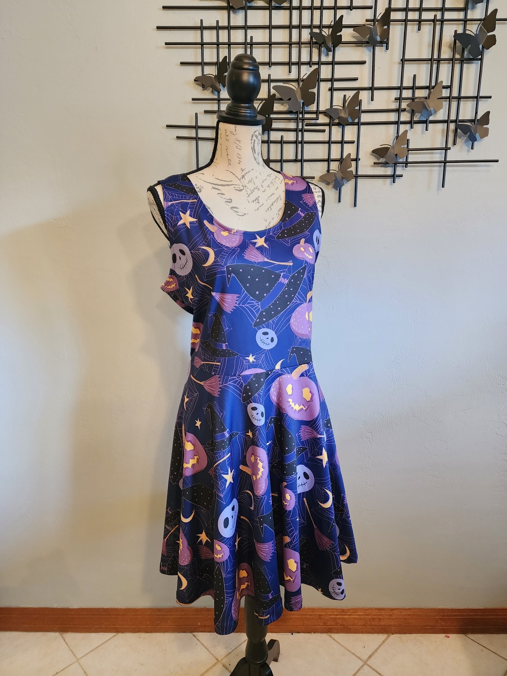 Purple Halloween Skater Mini Dress with Pumpkin & Witch Motif